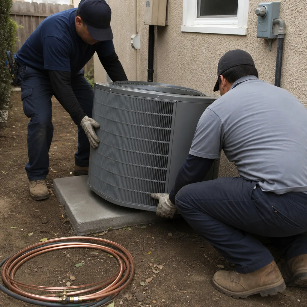 Two HVAC technicians installing an outdoor air conditioning unit.