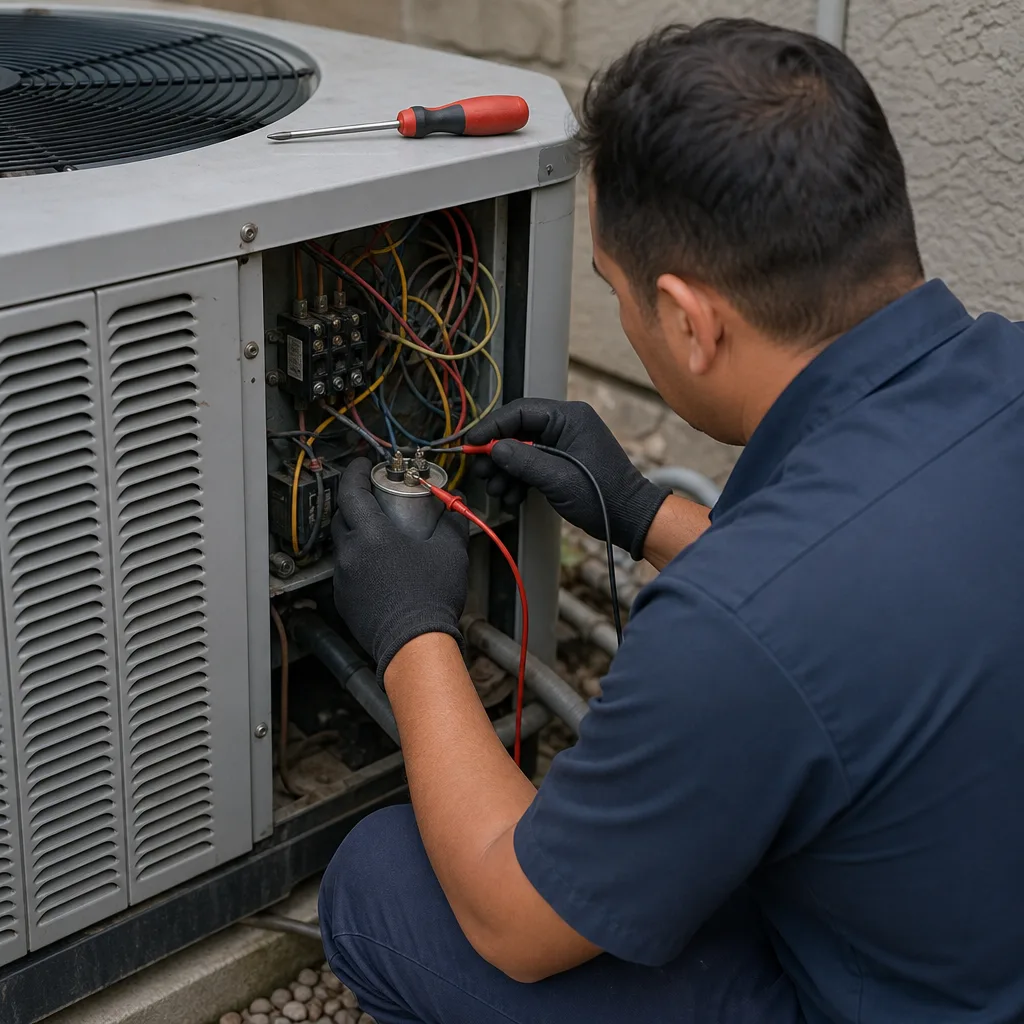 HVAC technician testing an air conditioner capacitor with a multimeter