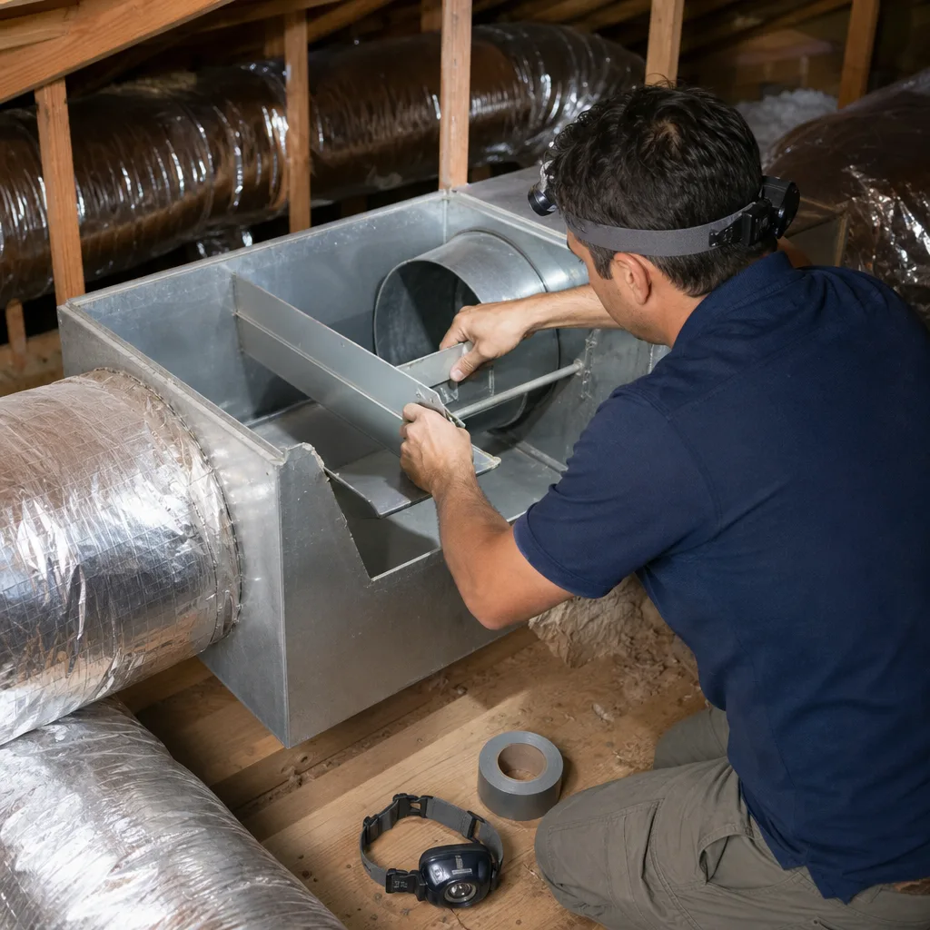 Technician performing professional HVAC system inspection and ventilation maintenance
