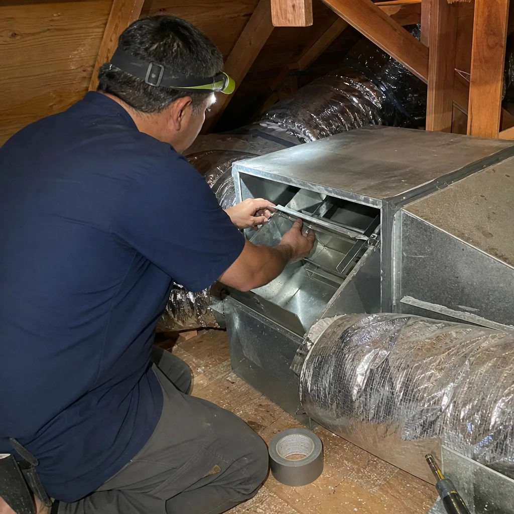Technician performing professional HVAC maintenance and ventilation inspection in an attic