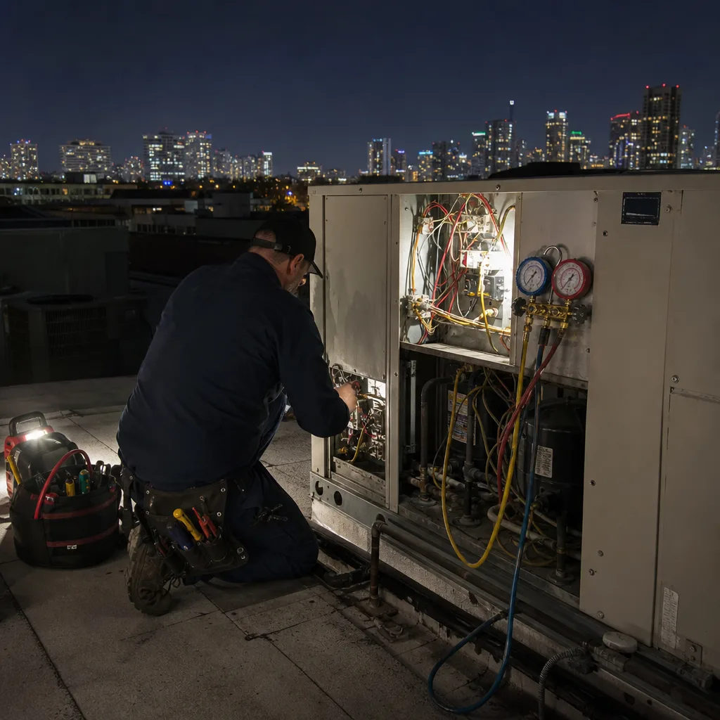 HVAC technician performing emergency commercial cooling system repairs at night