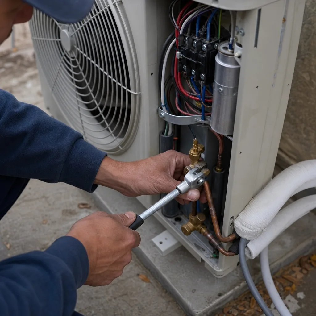 Technician repairing outdoor heat pump and mini split unit with wrench