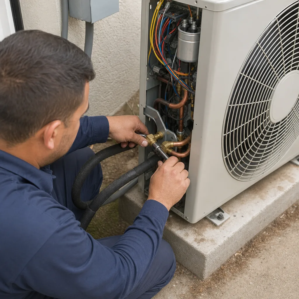 HVAC technician performing maintenance on an outdoor heat pump unit.