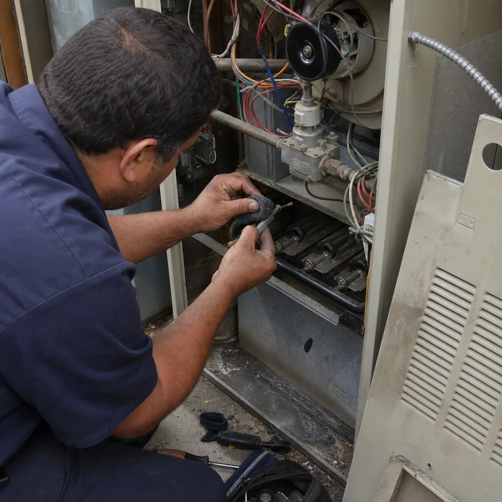 HVAC technician cleaning furnace flame sensor for professional heating system maintenance