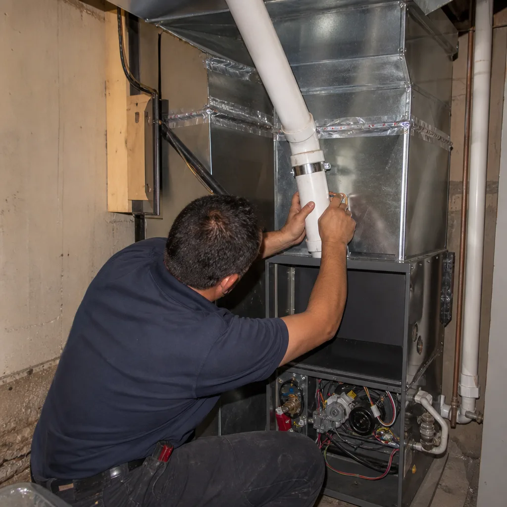HVAC technician repairing a furnace unit in a residential home