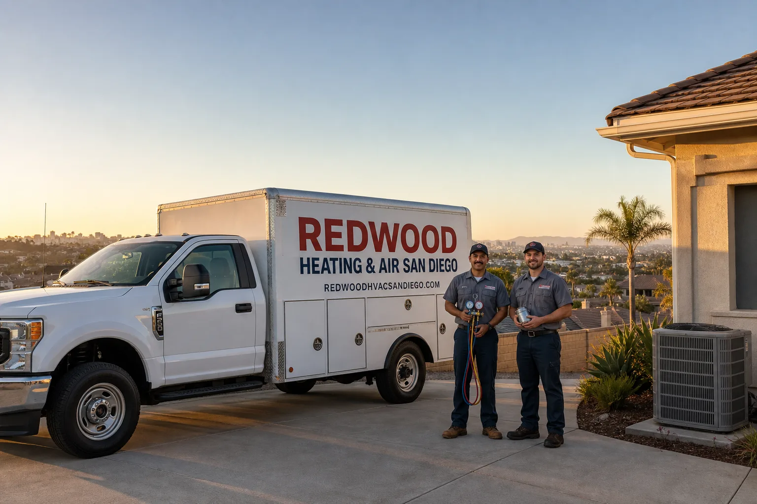 Redwood Heating & Air San Diego service vehicle and crew in San Diego, CA